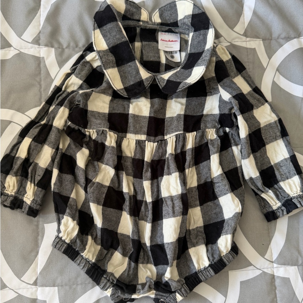 Hanna Andersson Black and Cream Buffalo Plaid Peter Pan Collar Romper